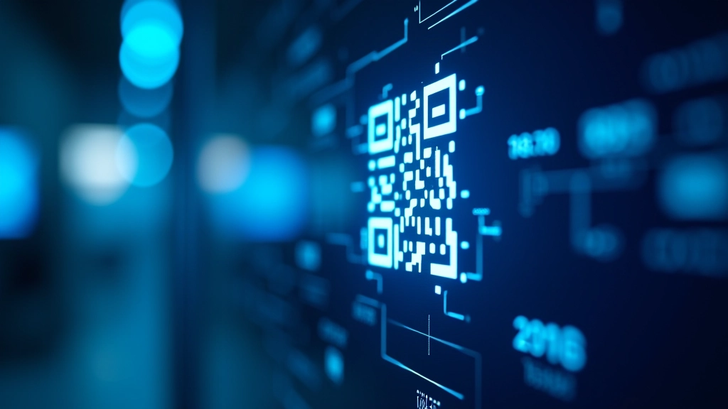 Gros plan d'un code QR luminescent affiché sur écran numérique avec symboles de paiement