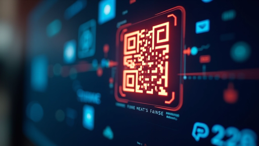 Code QR luminescent projeté sur une surface numérique avec symboles de paiement