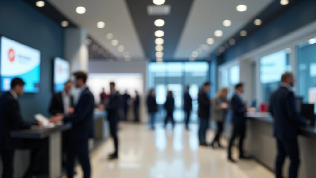 Intérieur d'une banque traditionnelle avec guichets, clients attendant en ligne, architecture classique et formelle