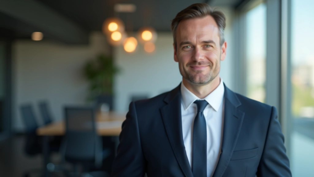 Directeur de recherche senior avec plus de 15 ans d'expérience dans l'analyse fintech, portrait professionnel en costume, bureau moderne, éclairage naturel