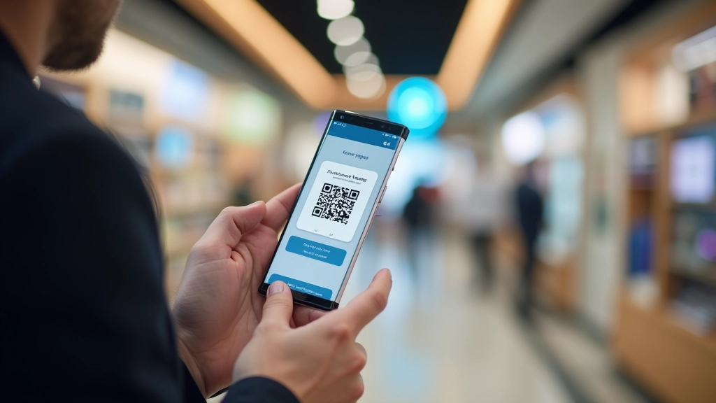 Écran de téléphone affichant une application de paiement par code QR dans un environnement commercial